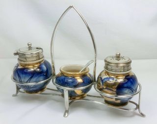 Antique 19th Century English Flow Blue & Gilt Cruet Set On Silver Plated Stand