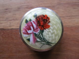 Antique Pill Box Sterling Silver And Guilloche Enamel Flowers