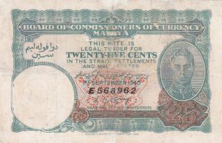 25 Cents Vg Banknote From British Colony Of Malaya 1940 Pick - 3 Rare