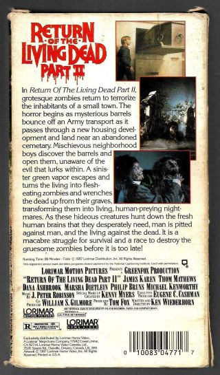 RETURN OF THE LIVING DEAD PART 2 (VHS) 1987 HORROR,  RARE/HTF GOODCOND,  FREESHIPP 2
