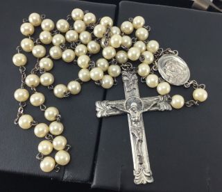 Antique Sterling Silver & Faux Pearls Rosary Beads Crucifix Cross Jesus Mary