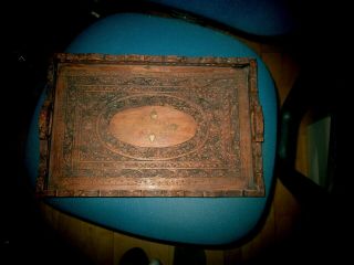Vintage Indian Carved Teak Wooden Serving Tray With Brass Inlays