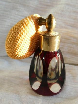 Mikado Antique Ruby Red To Clear Cut Out Glass Perfume Bottle With Atomizer