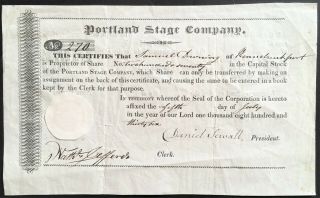 Portland Stage Company Stock 1836.  Portland,  Maine.  Very Early Stage Coach.  Rare
