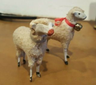 2 Smaller Antique German Putz Sheep With Wood Legs,  Compo Heads
