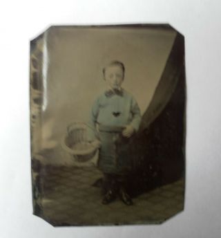 Antique Victorian Tinted Tintype Photograph Scottish ? Child In Kilt & Sporran ?