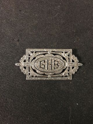 Antique Art Deco Sterling Silver And Marcasite Pin Brooch With Initials Ghb