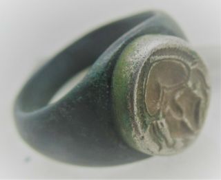 Ancient Greek Bronze Ring With Silver Mesembria Intaglio Seal