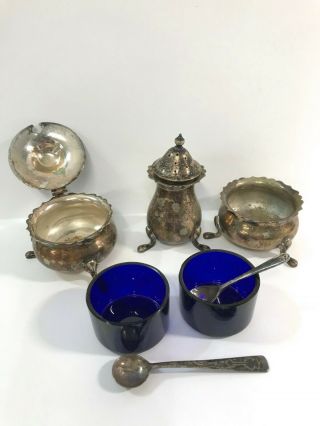 Antique Tbb Victorian Silver Plate Epns Salt Cellar Pepper Pot Mustard Spoon
