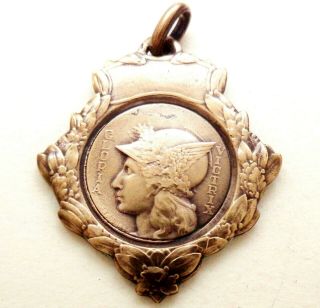 THE FRENCH MARIANNE LADY ANTIQUE BRONZE ART MEDAL PENDANT signed J.  F.  QUILLE 2