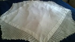 Vintage White Cotton Table Cloth 56 " X 54 " With White Deep Crochet Edging