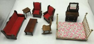Vintage Mini Dollhouse Furniture Rocking Chair Bed Dresser Couch Miniature Kids