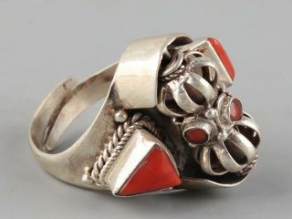 Chinese Exquisite Handmade Silver Mosaic Coral Ring Adjustable