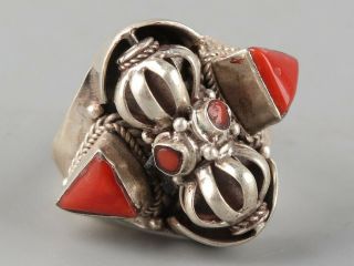 Chinese Exquisite Handmade silver mosaic coral Ring adjustable 2