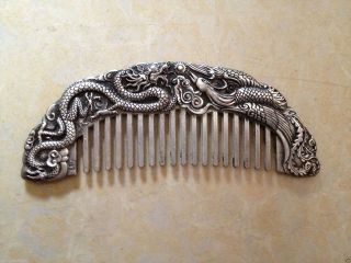 Chinese Old Copper Plating Silver Dragon And Phoenix Silver Copper Comb A01