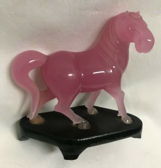 Chinese Carved Deep Pink Rose Quartz Horse Sculpture Statue Figure Wood Base