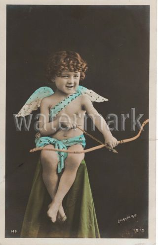 Vintage Valentine Antique Real Photo Postcard Cupid With Bow And Arrow Blue