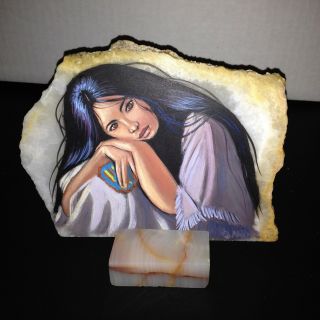 Rare Vintage Native American Indian Girl Painting On Marble Signed By Artist