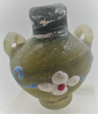 Circa 300bce Ancient Phoenician Green Glass Bottle With Floral Motifs