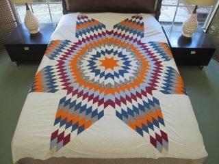 Vintage All Cotton Some Feed Sack Hand Pieced Lone Star Quilt Top; 81 " Square
