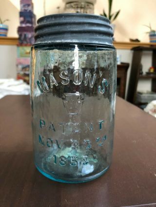 Antique 1858 Pint Mason Jar Light Blue With Top