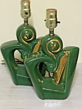 Pair Small Asymetrical Mid Century Lamps Green & Gold Ceramic Rewired