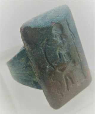 Scarce Ancient Near Eastern Bronze Seal Ring With Depiction Of Seated Ruler