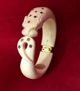 Rare Bovine Bone Off White Carved Panther Red Green Stone 585 Gold Cuff Bracelet
