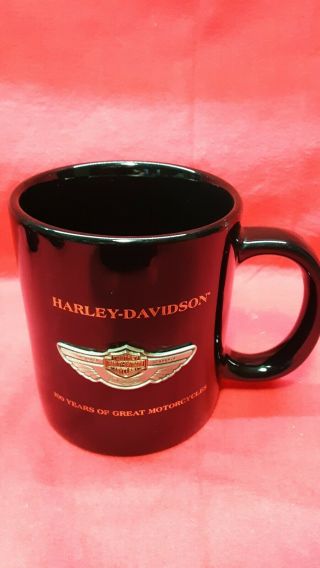 Harley - Davidson 100th Anniversary Large Black Mug - Metal Medallion - Rare -