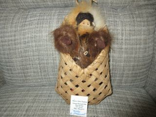 Vtg Hand Made Authentic Alaska Native Eskimo Doll Fur Signed In Basket Karin