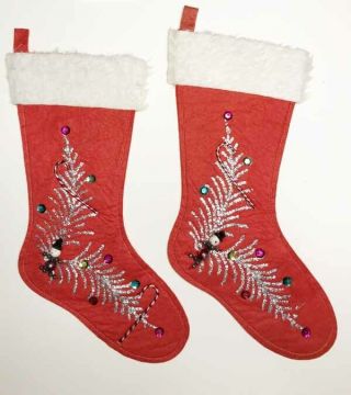 B Two Antique Christmas Stockings Felt Glitter Sequins Candy Cane Spun Cotton