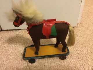 Antique Pull Toy Horse On Wheels With Hair - Very Collectible 9 " Tall