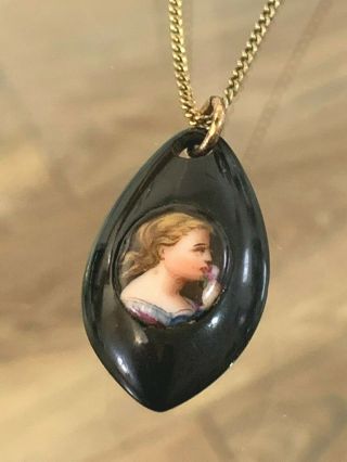 Antique Victorian Whitby Jet Hand Painted Cameo Pendant