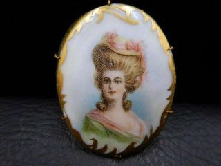 Antique Brooch Victorian Hand Painted Porcelain Portrait Pin Posh Woman