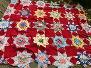 Antique Quilt Topper Only Stars Squares Old 75 " By 63 " Hand Done Red