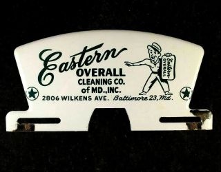 Eastern Overall Cleaning Co License Plate Topper Porcelain Rare Advertising Sign