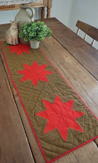 Primitive Amish Drab Green & Red Star Table Quilt Runner Wool Christmas