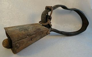 Antique Vintage Metal Cow Bell W/ Leather Strap