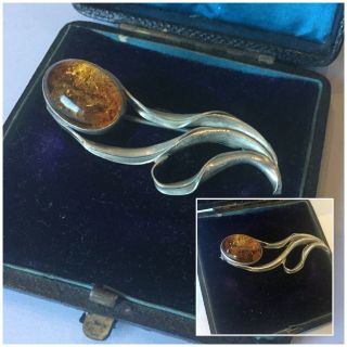 Antique Jewellery Art Nouveau Sterling Silver & Amber Flower Brooch Pin