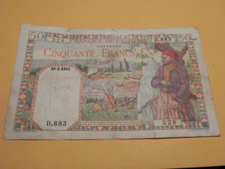 Algeria Algerie Tunisia Tunisie 50 Francs 1942 French Colony Prefix D Rare