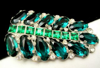 Huge Rare Vintage 3 " Open Back Emerald Green Glass Rhinestone Fur Dress Clip M1