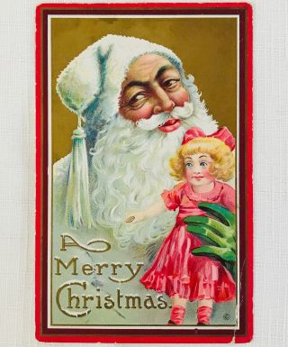 Antique Embossed Christmas Postcard - Black Santa Claus In White Suit - 1914