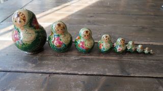 Vintage Green Russian Nesting Dolls Matryoshka Babushka 9 Piece Set 4.  75 "