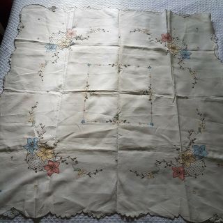 Vintage/antique Floral Table Cloth Linen Hand Embroidered Large Cut Out Square