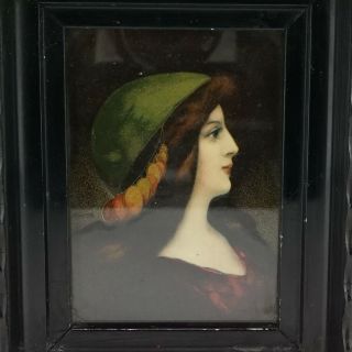 Antique French Faux Limoges Enamel - Art Nouveau Lady Plaque - 2