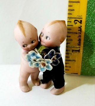 Tiny 2” Antique Bisque Wedding Huggers,  Bride Groom Kewpie Dolls Rose O’neill
