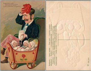 Man W/ Three Babies Antique Embossed Satirical Comic Postcard