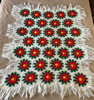 Vintage Granny Square Hexagon Afghan Throw Blanket 3d Flowers Crochet 42 " X 55 "