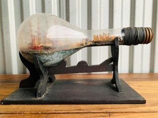 Rare Vintage Handmade Folk Art 4 Ships In A Bottle Diorama Large Light Bulb Ship