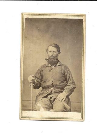 Antique Photo Of Man With Pipe And Cane In Work Or Casual Clothes